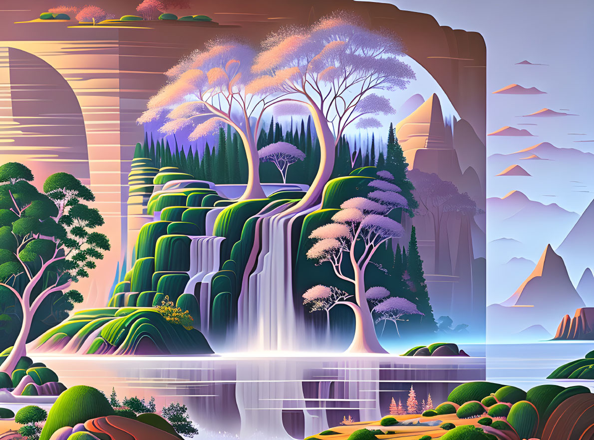 Stylized landscape with waterfall, purple trees, pastel cliffs, calm ocean