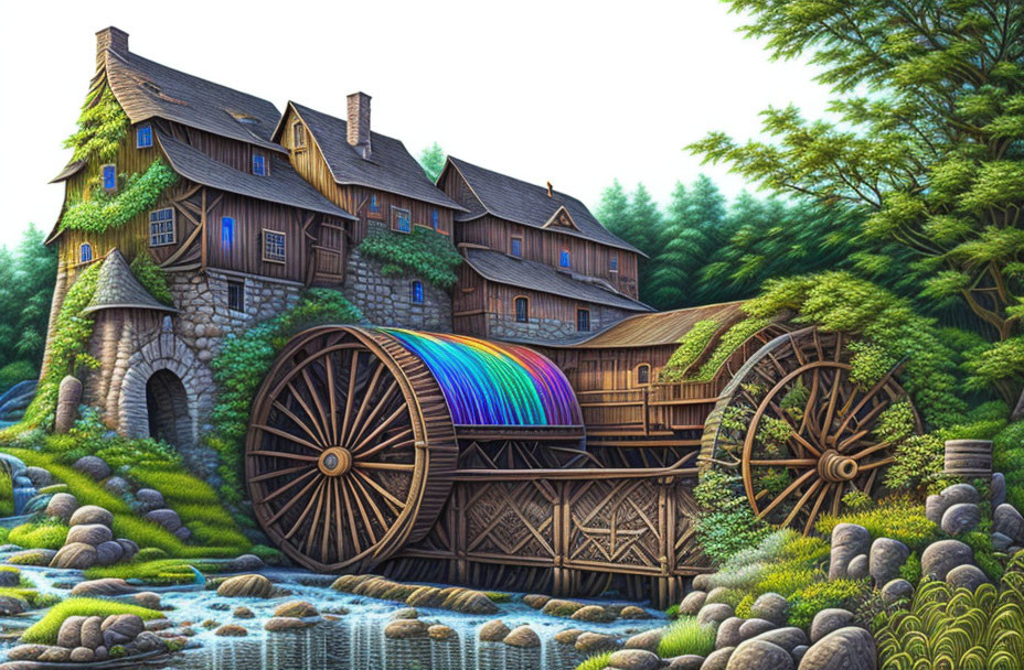 Fantasy watermill with colorful waterwheel in lush forest