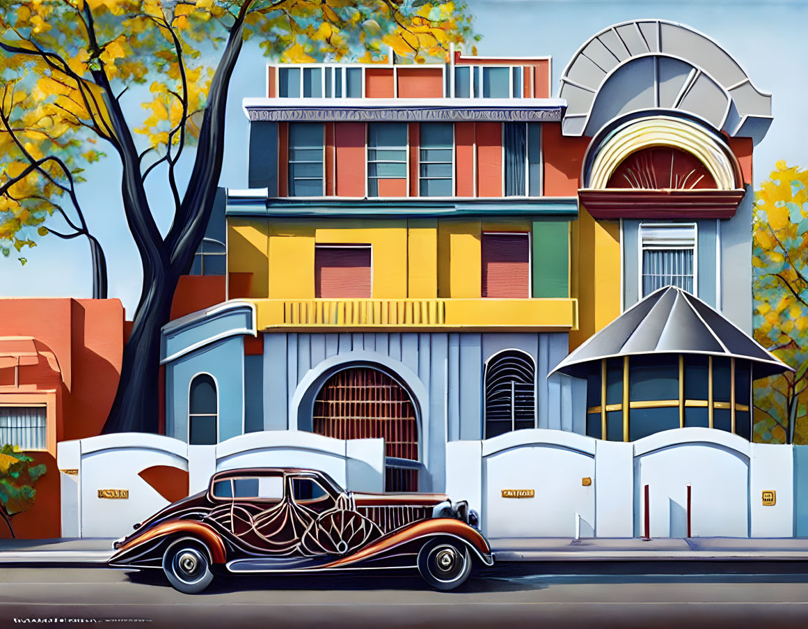 Vibrant art deco buildings, vintage car, autumn trees, blue sky