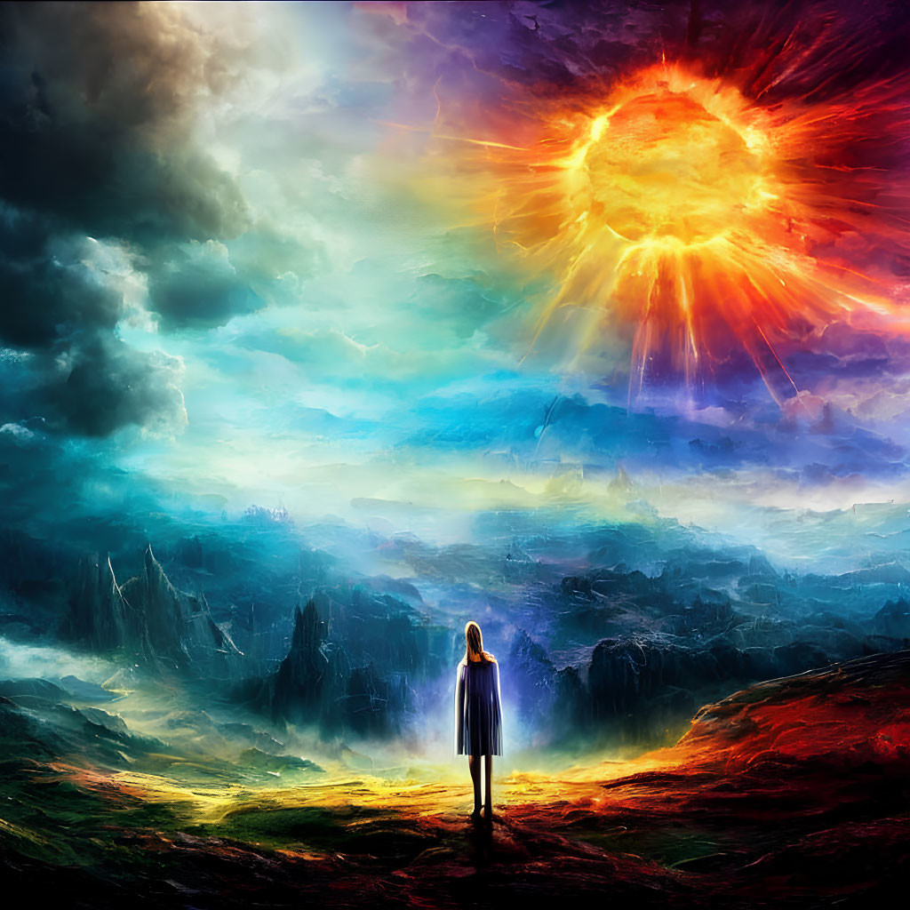 Person in vivid, otherworldly landscape with exploding star