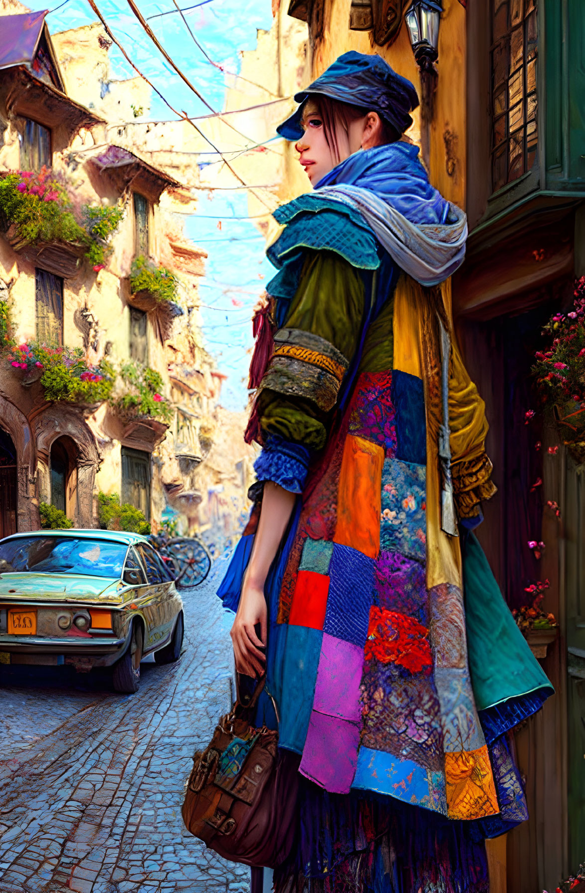 Colorful Patchwork Clothes: Stylish Woman in Old European Street