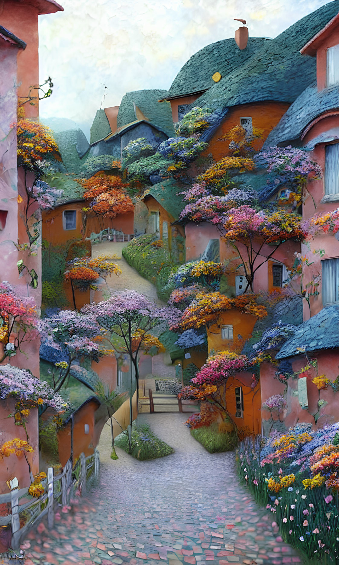 Vibrant flowering trees and quaint houses on whimsical village path