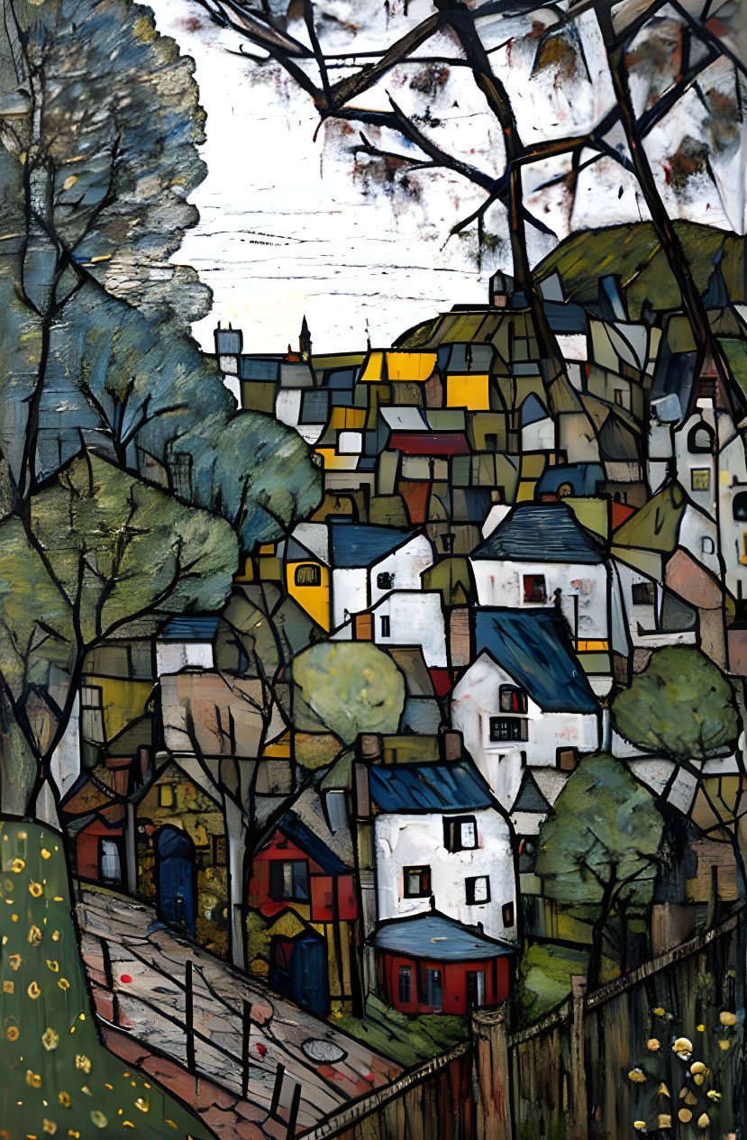 Vibrant autumn village painting with dynamic brushstrokes