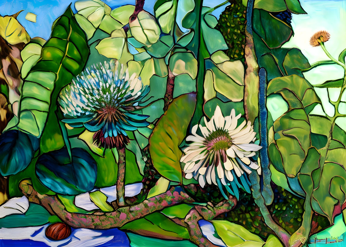 Colorful stained glass-style painting with green leaves and blue/white flowers.