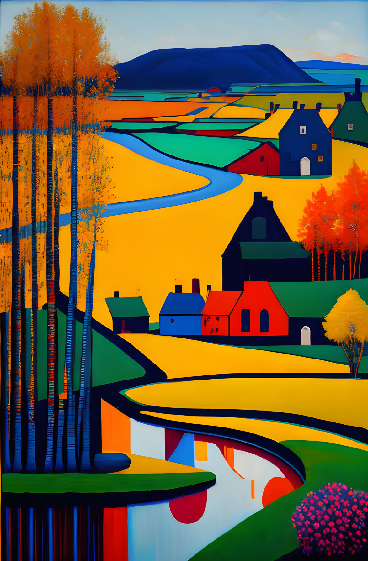 Colorful rural landscape painting with autumn trees, houses, river, and hills.