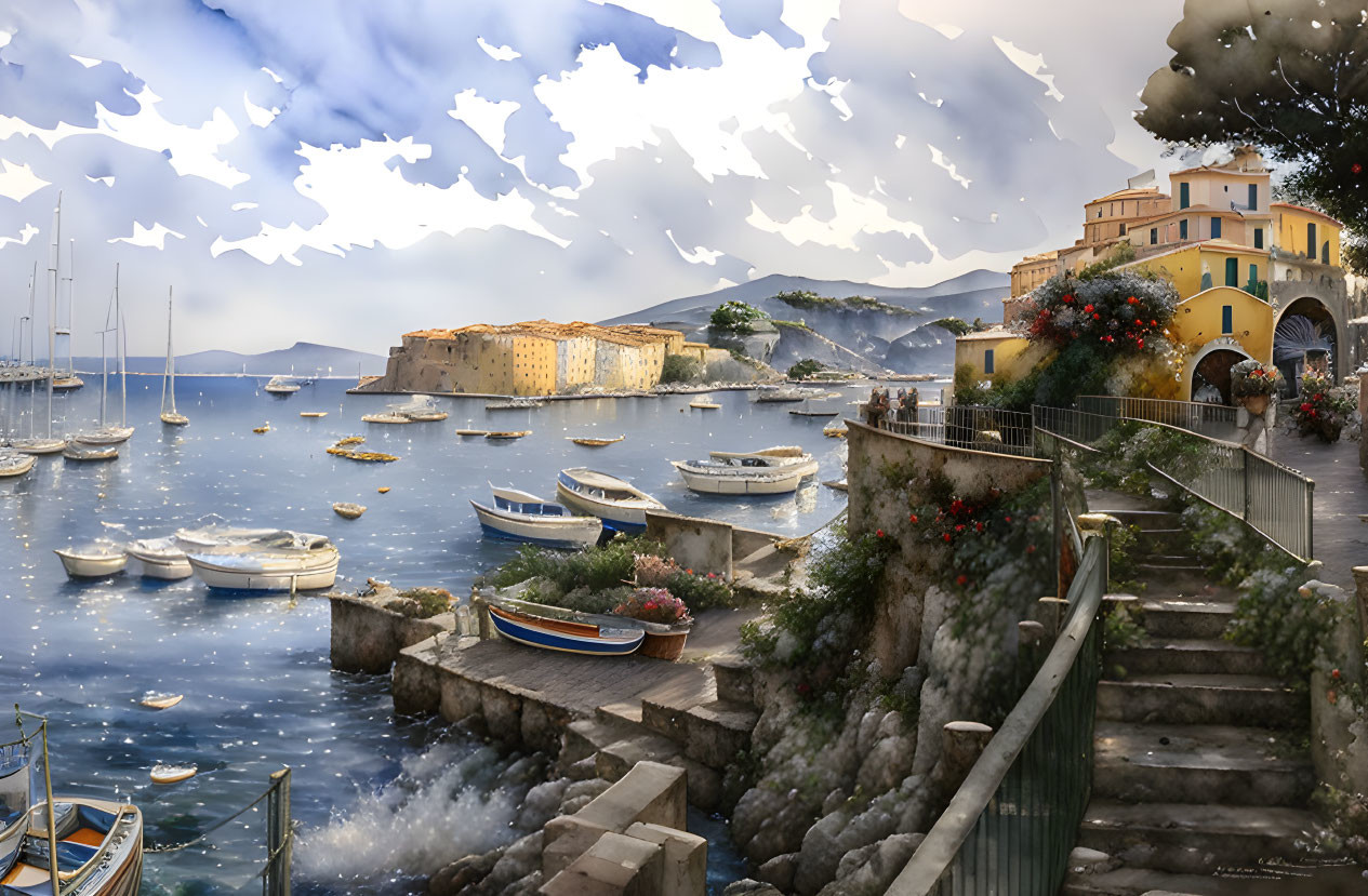 Coastal scene with boats, stone staircase, buildings, mountain backdrop, and cloud-shaped sky.