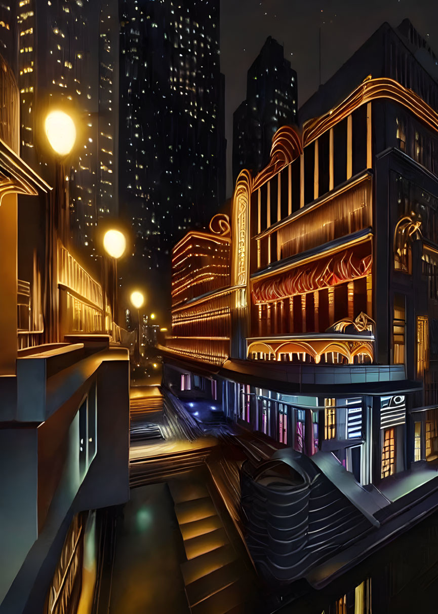 Nocturnal Cityscape with Illuminated Buildings and Street Lamps