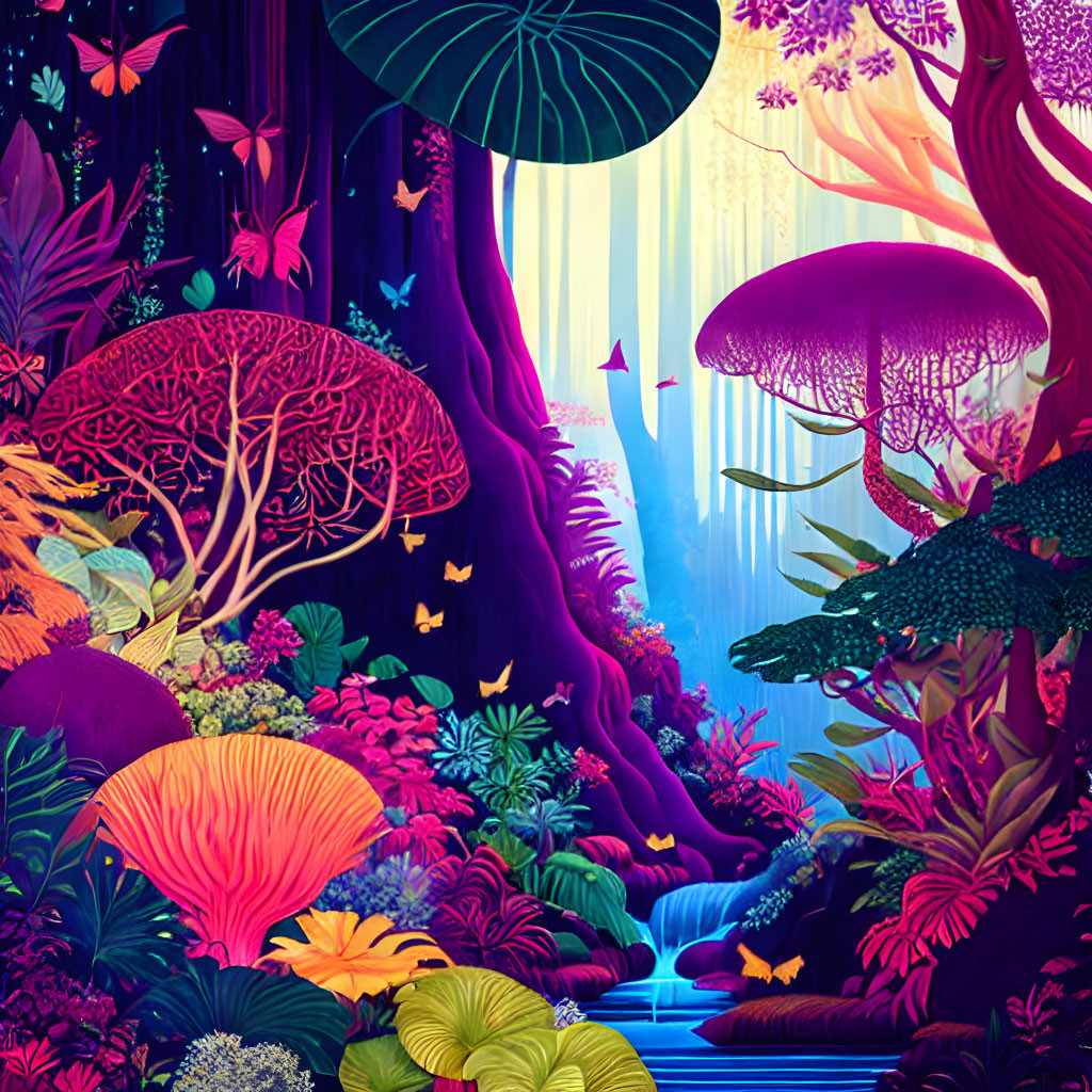 Colorful mystical forest illustration with neon trees, stream, and butterflies