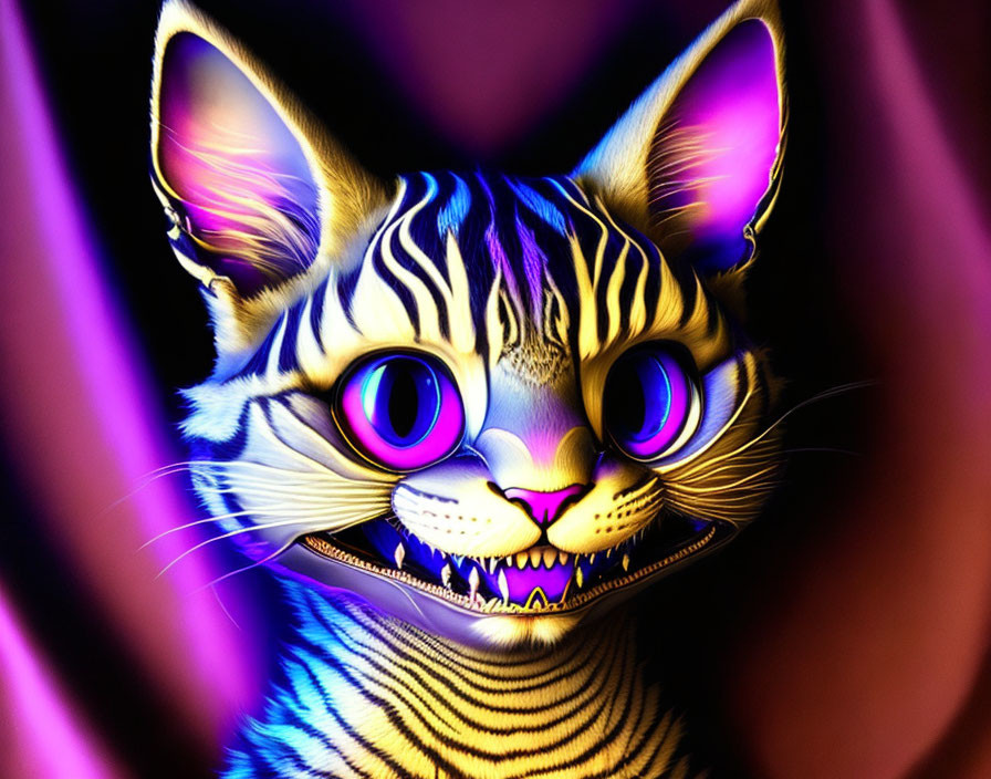 Colorful Digital Artwork: Grinning Cat with Exaggerated Features