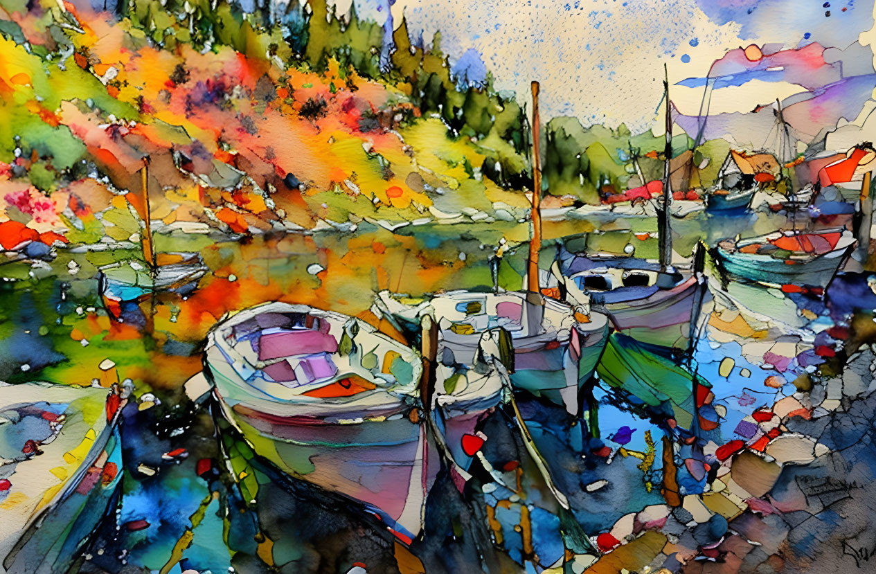 Vibrant watercolor painting: Boats at colorful dock with lush foliage and water reflection