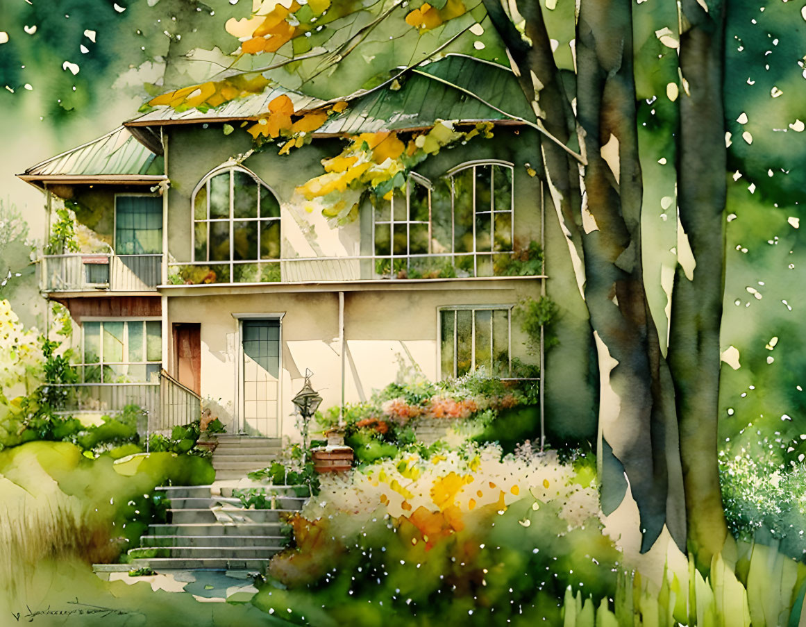 Autumn-themed watercolor painting of a two-story house in a lush green setting