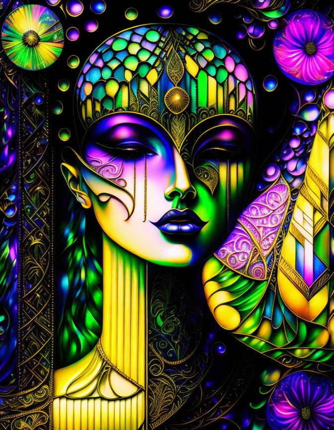 Stylized female figure with intricate headdress and luminous colors