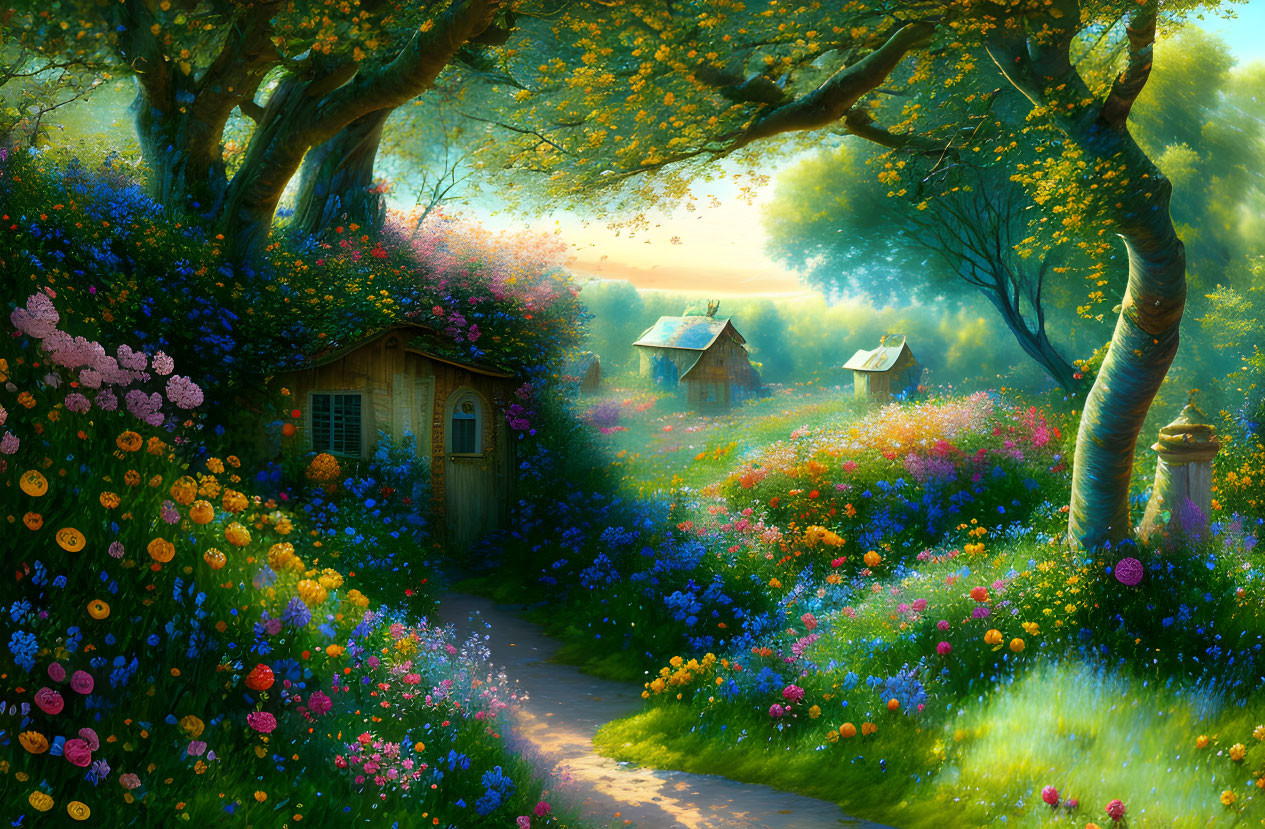 Lush fantasy landscape with blooming flowers and quaint cottages