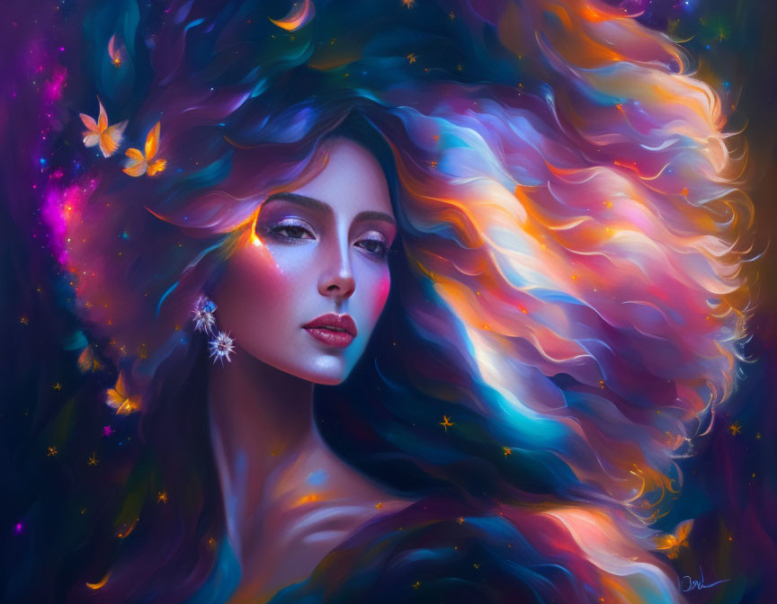 Colorful digital painting of woman with nebula-like hair and starry butterfly accents