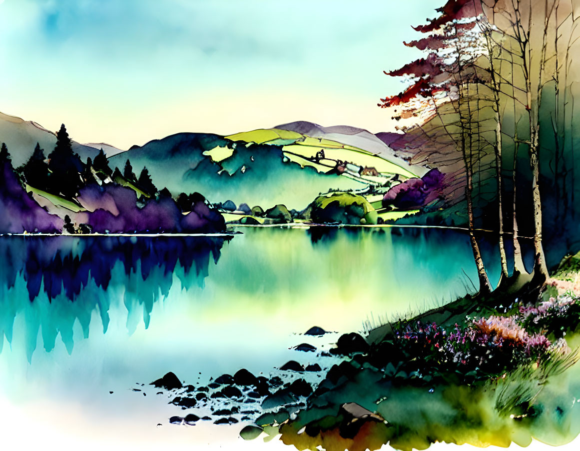 Serene lake with rolling hills in vibrant watercolor