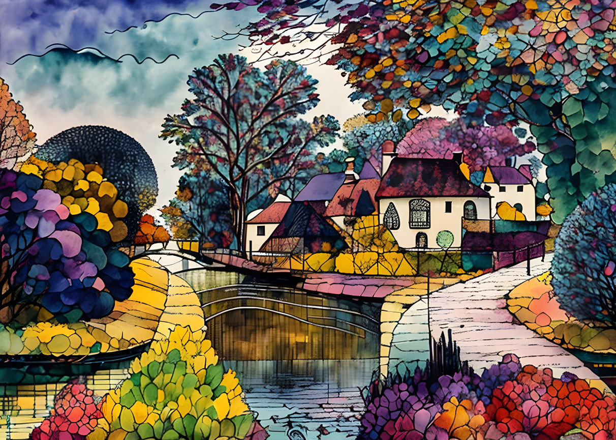 Colorful Stained-Glass Style Illustration of Quaint Village