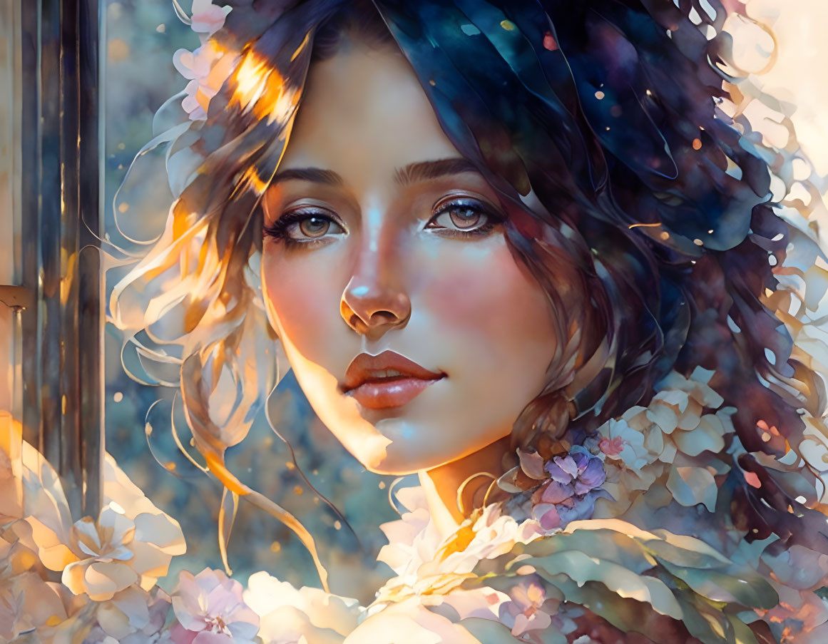 Digital painting of woman with soft features among delicate flowers in warm light