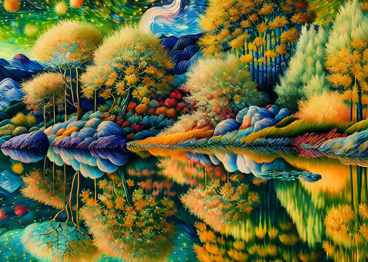 Surreal autumn landscape with swirling patterns and vibrant colors