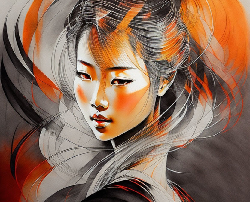 Stylized illustration of woman with swirling black and orange hair