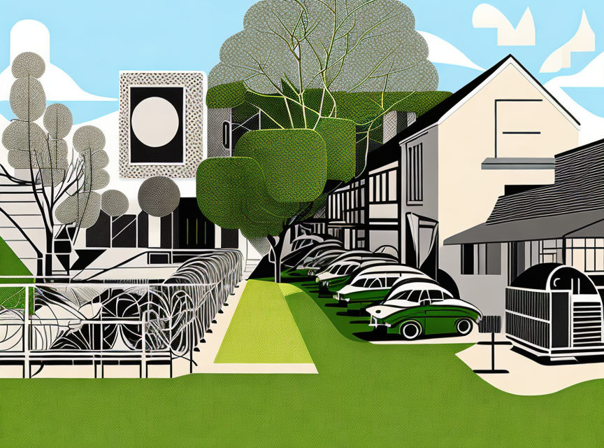 Stylized urban scene with modern and traditional architecture