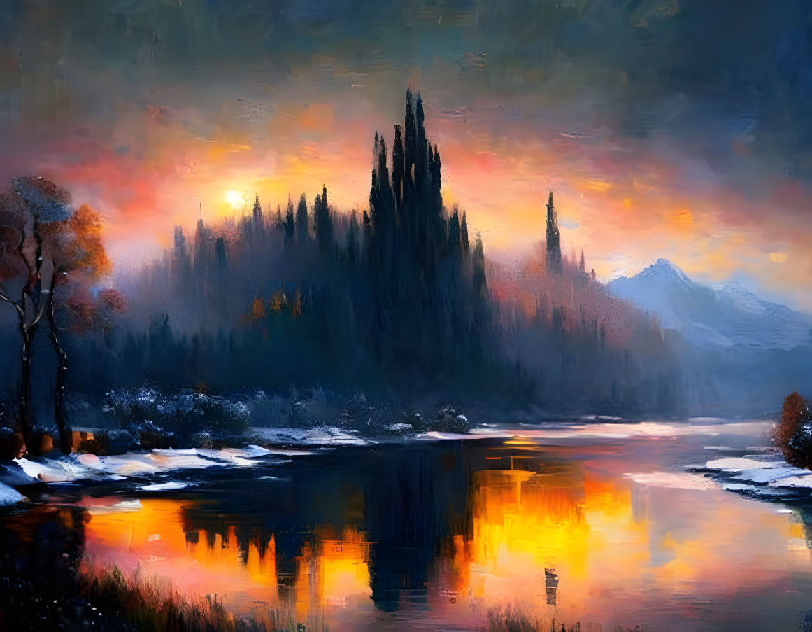 Scenic sunset painting: lake, snow, pine trees, mountains