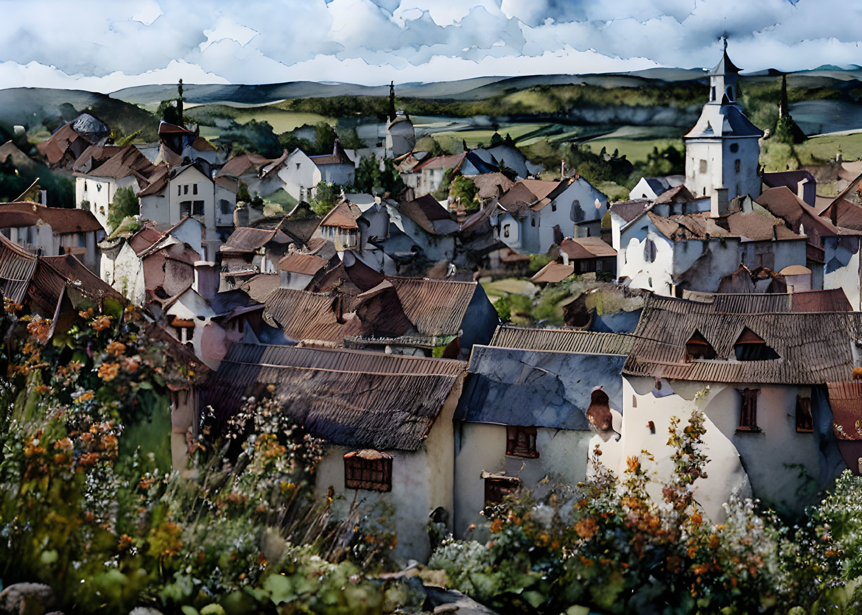 Scenic village with cozy houses and red-tiled roofs nestled in green hills