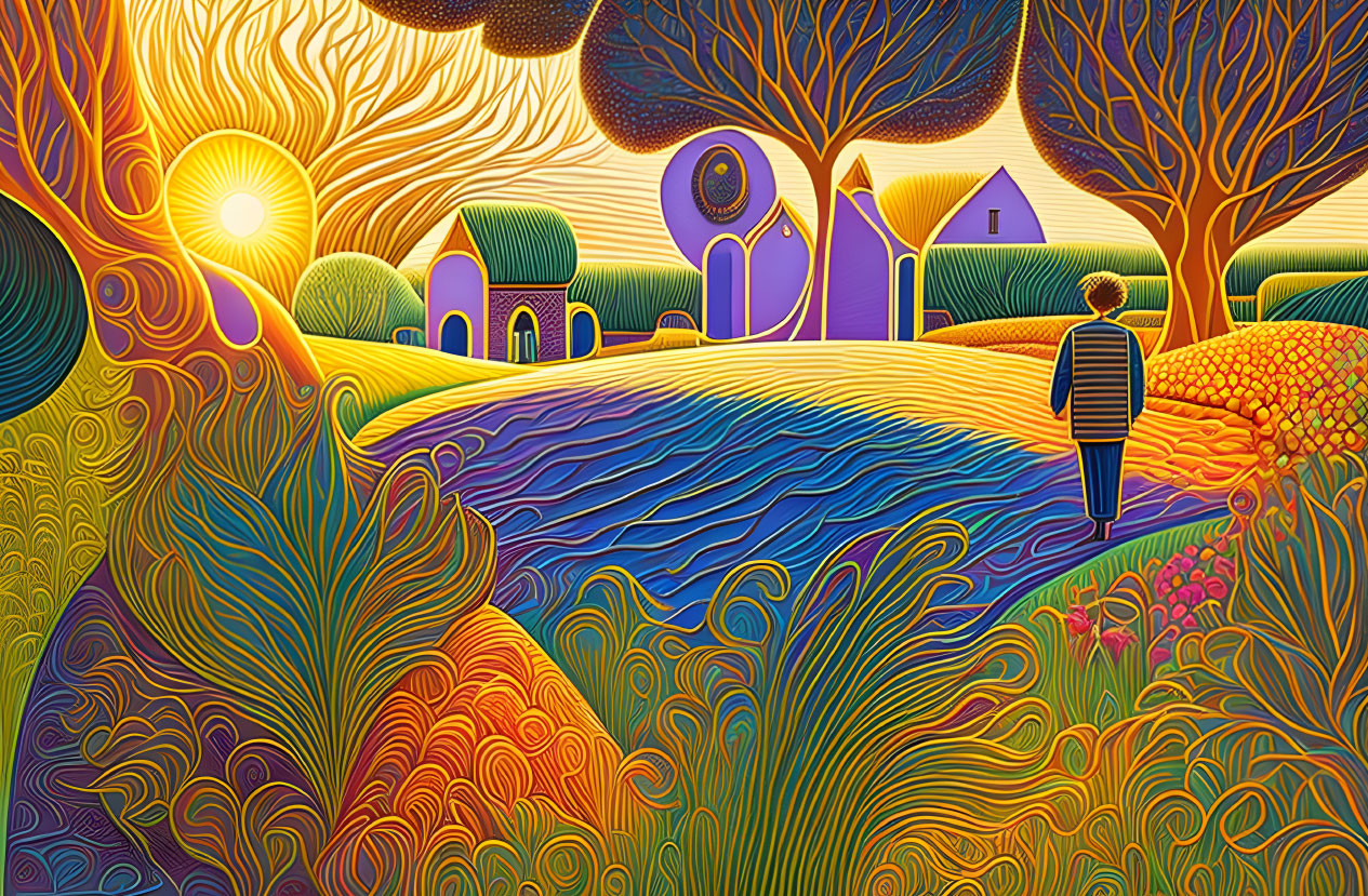 Colorful landscape with swirling patterns, person by pond, whimsical trees, houses, luminous sun