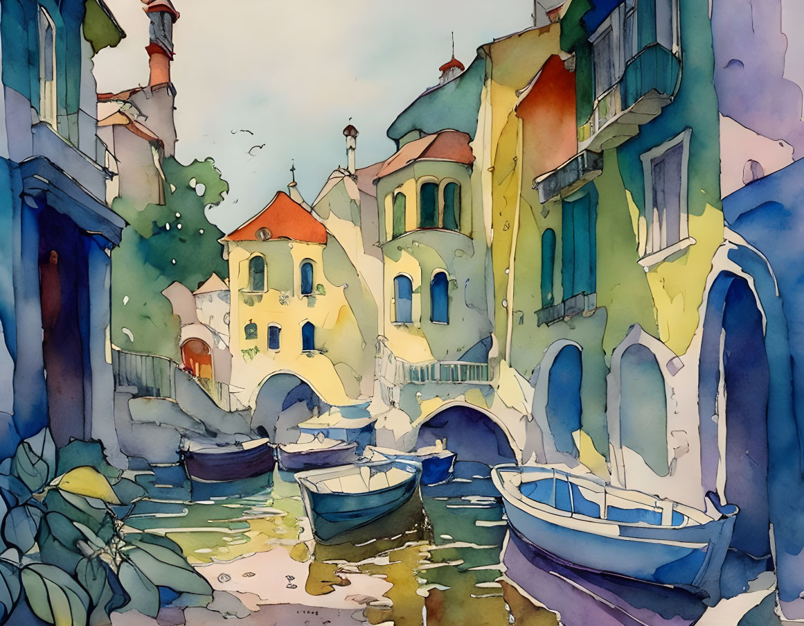 Colorful Watercolor Painting of European Canal Scene