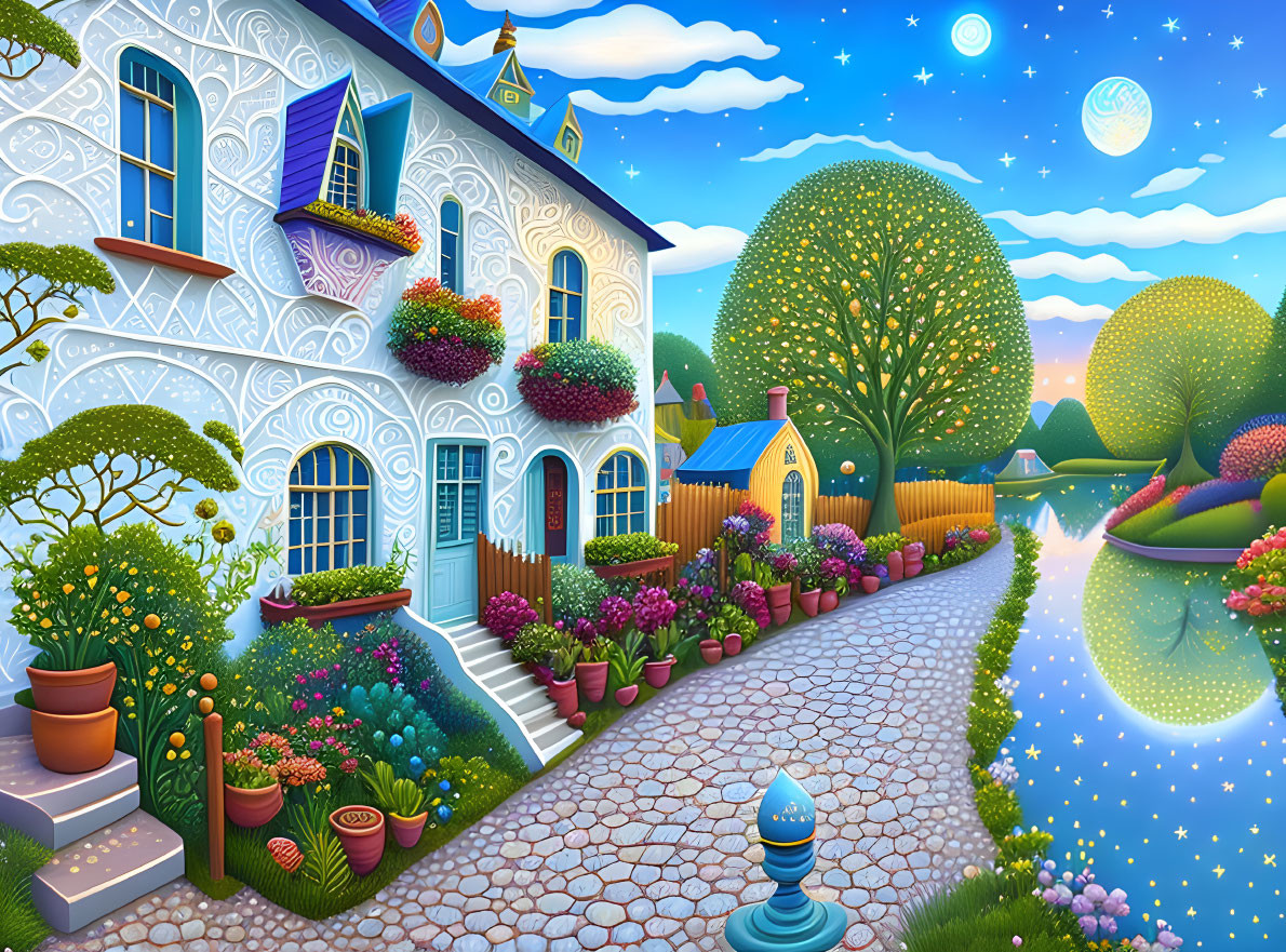 Vibrant riverside house illustration with flowers and starry night sky