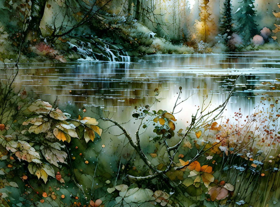 Tranquil watercolor painting of serene forest with waterfall and autumn flora