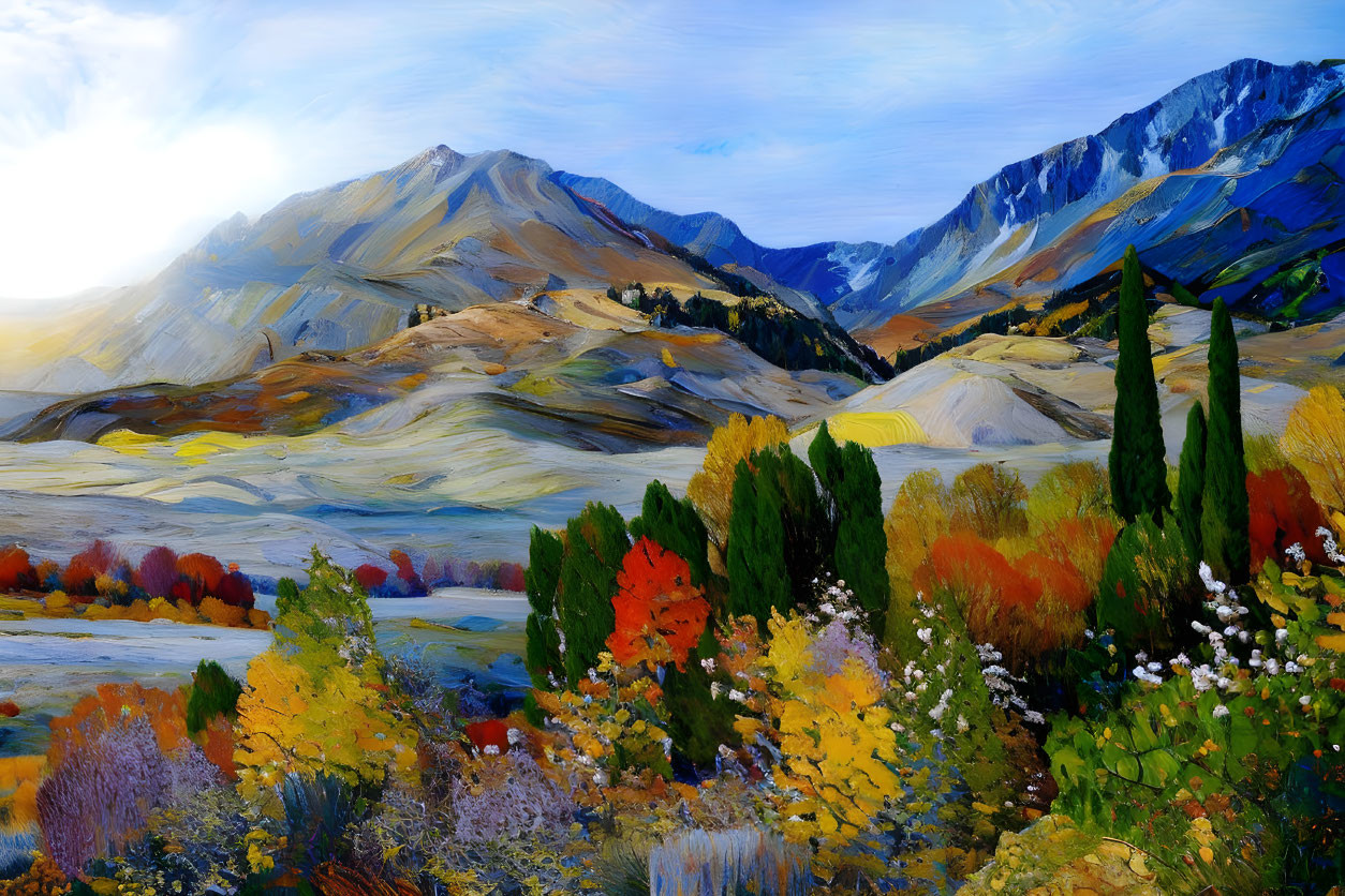 Colorful autumn landscape with vibrant trees and majestic mountains under a bright sky