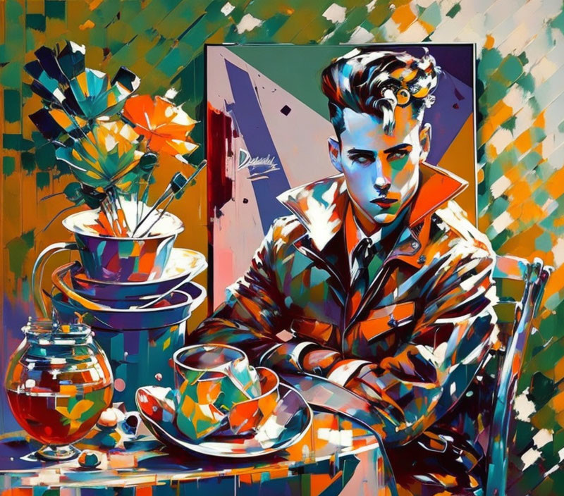 Colorful painting of young man with teapot and cup on dynamic background