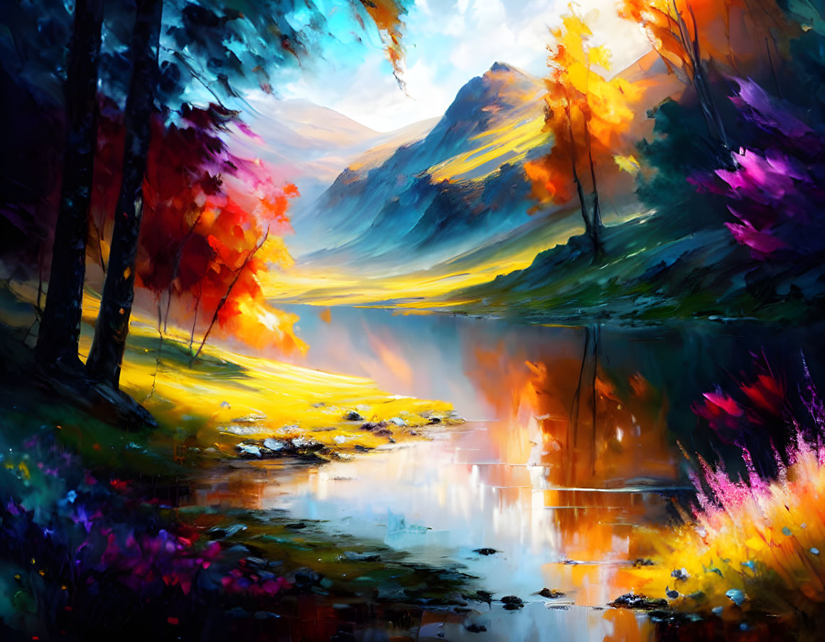 Colorful Landscape Painting: Serene Lake, Autumn Trees, Mountains