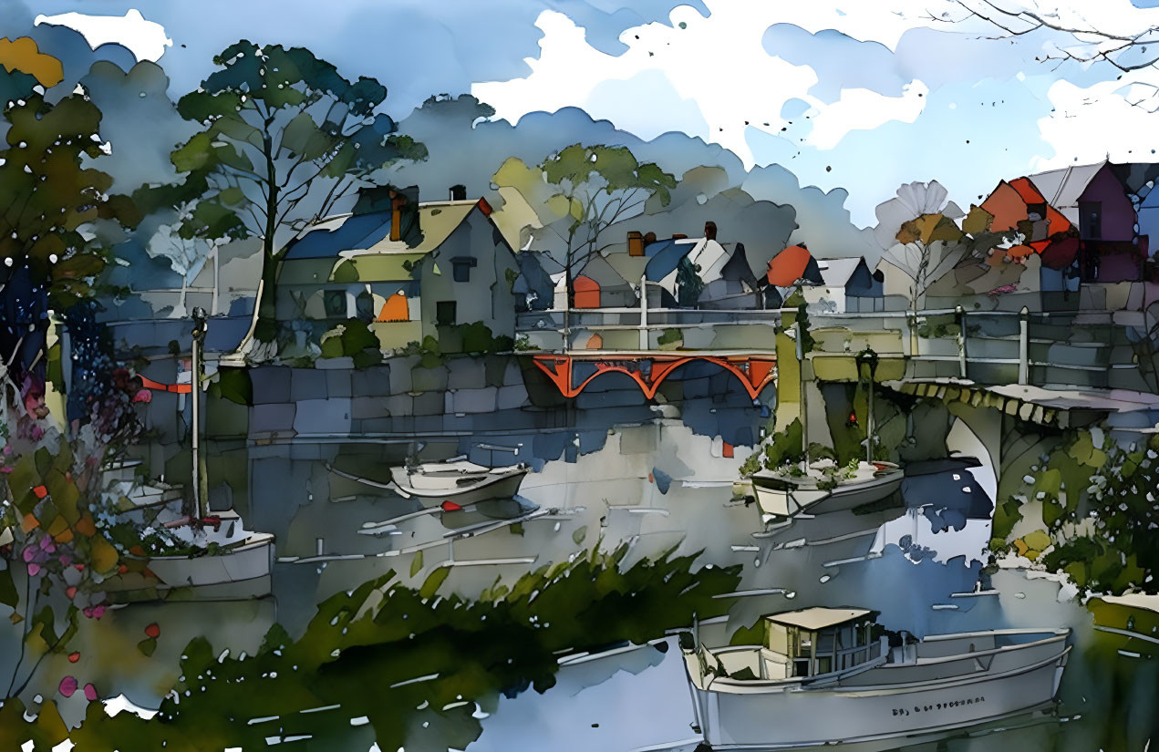 Vibrant painting of riverside village with boats, houses, and trees