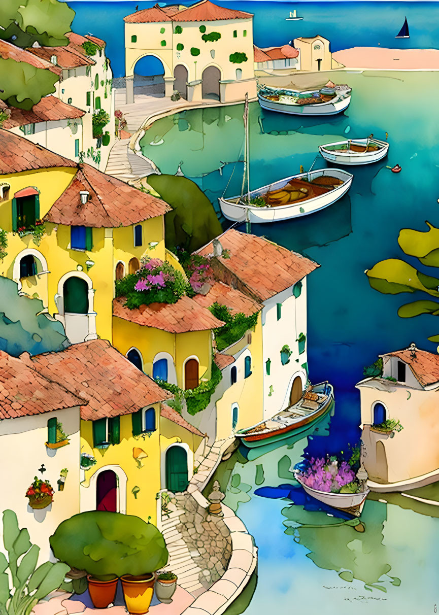 Vibrant Mediterranean coastal village with terracotta-roofed houses and harbor boats