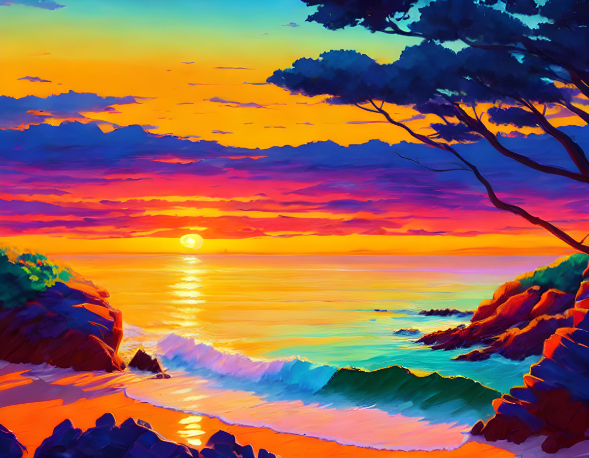 Scenic beach sunset with crashing waves and colorful sky