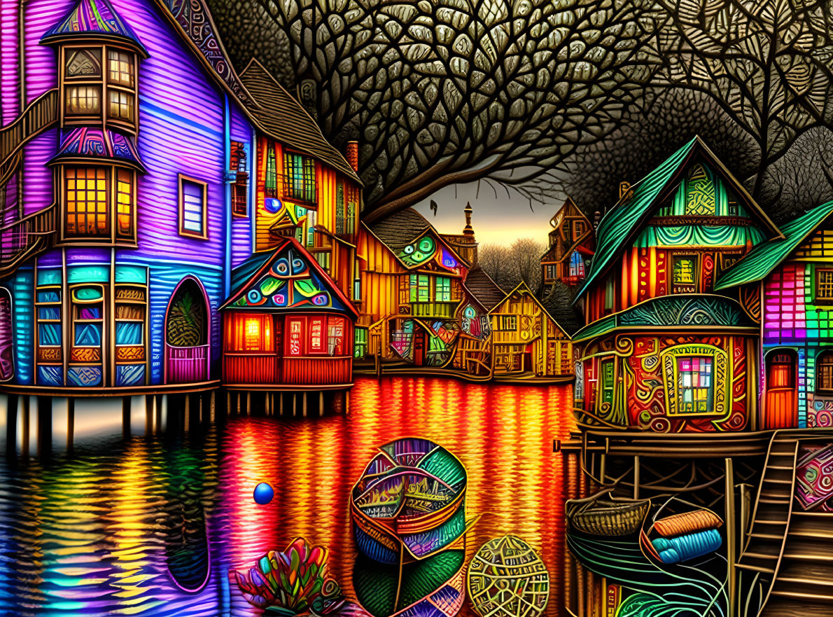 Colorful Whimsical Houses by Reflective Waterway