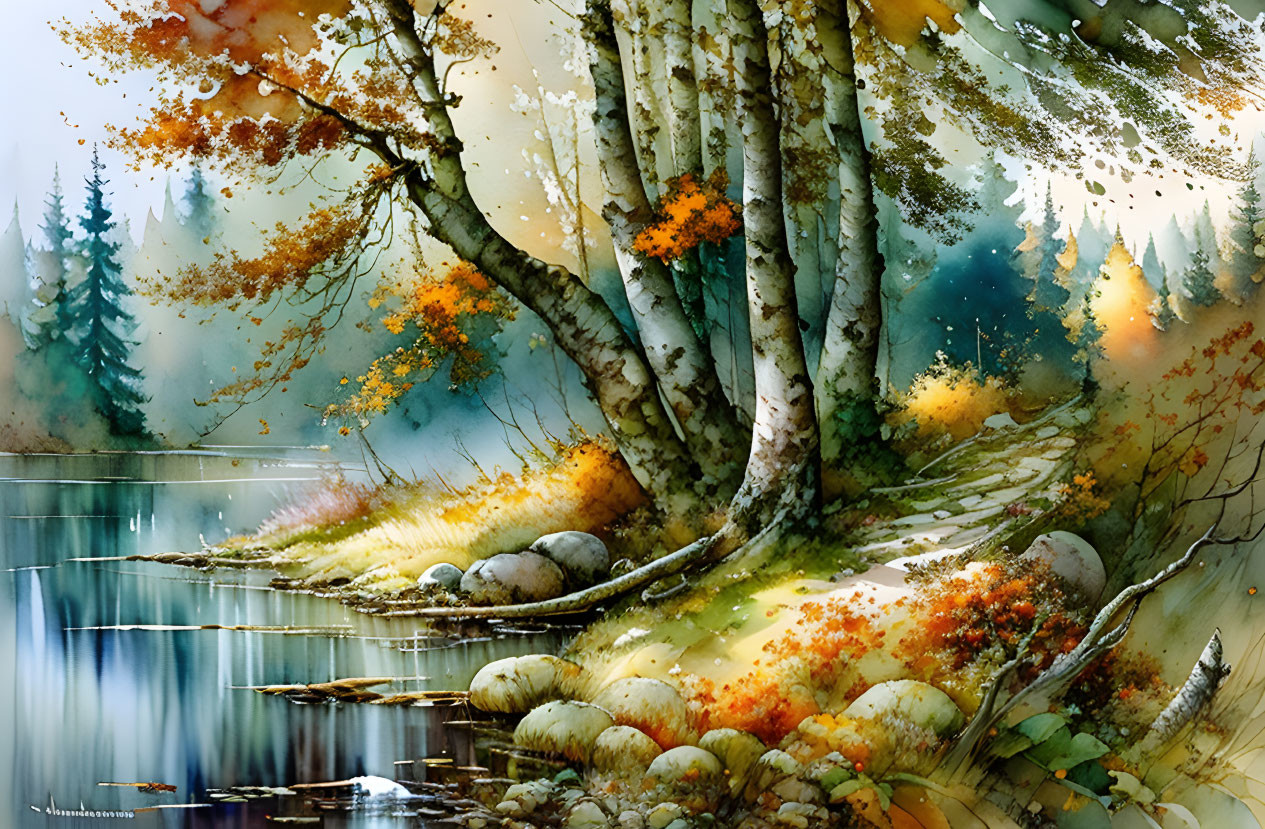 Tranquil forest scene with birch trees, lake, autumn foliage, rocks