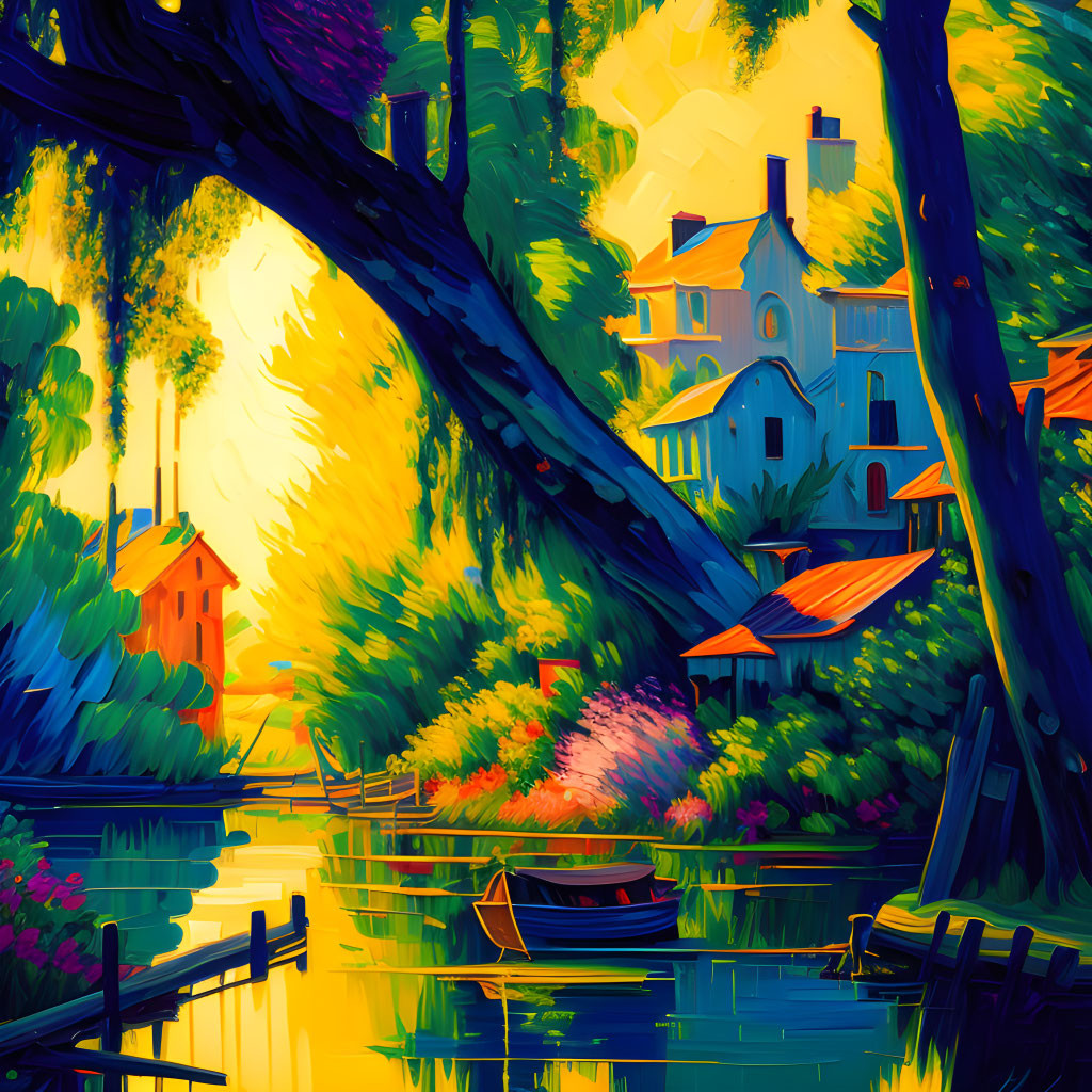 Digital artwork: Tranquil riverside scene with boat, trees, and sunny house