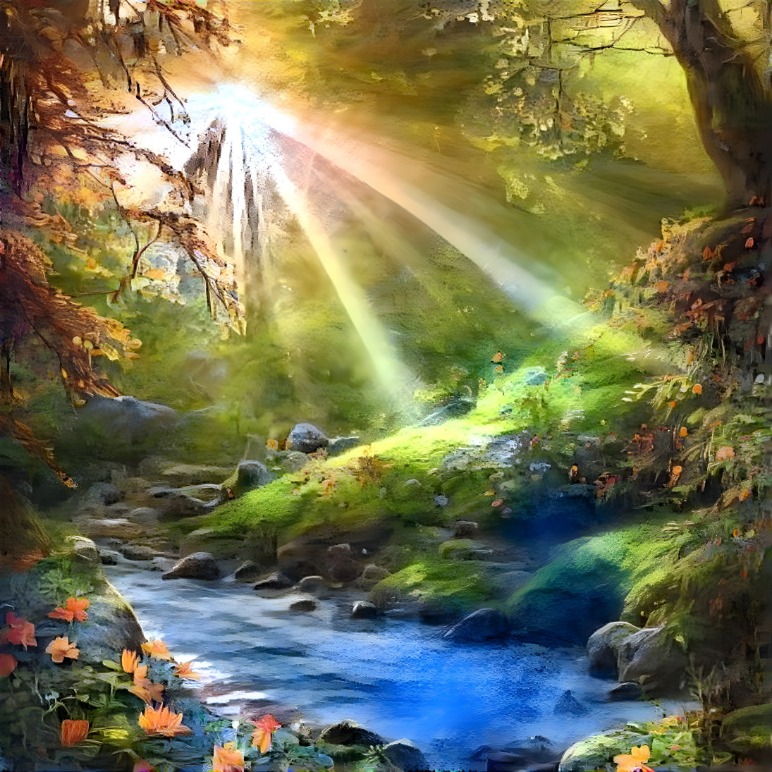 "Sunlight on Woodland Stream" - Unreal/AI.