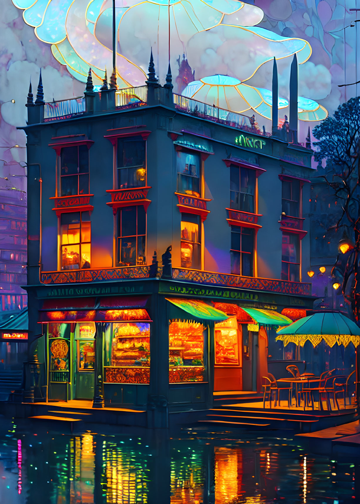 Vibrant corner building at dusk in futuristic cityscape