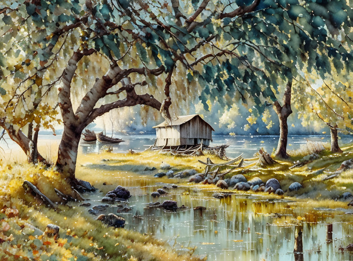 Tranquil autumn scene with rustic hut, river, trees, fence, and boat