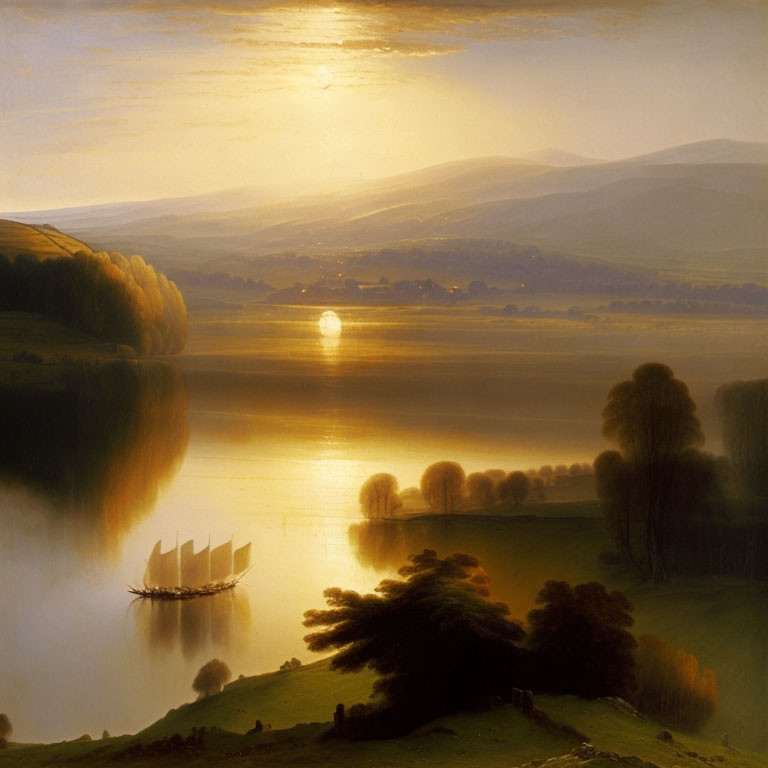 Tranquil sunset landscape with golden light on calm lake