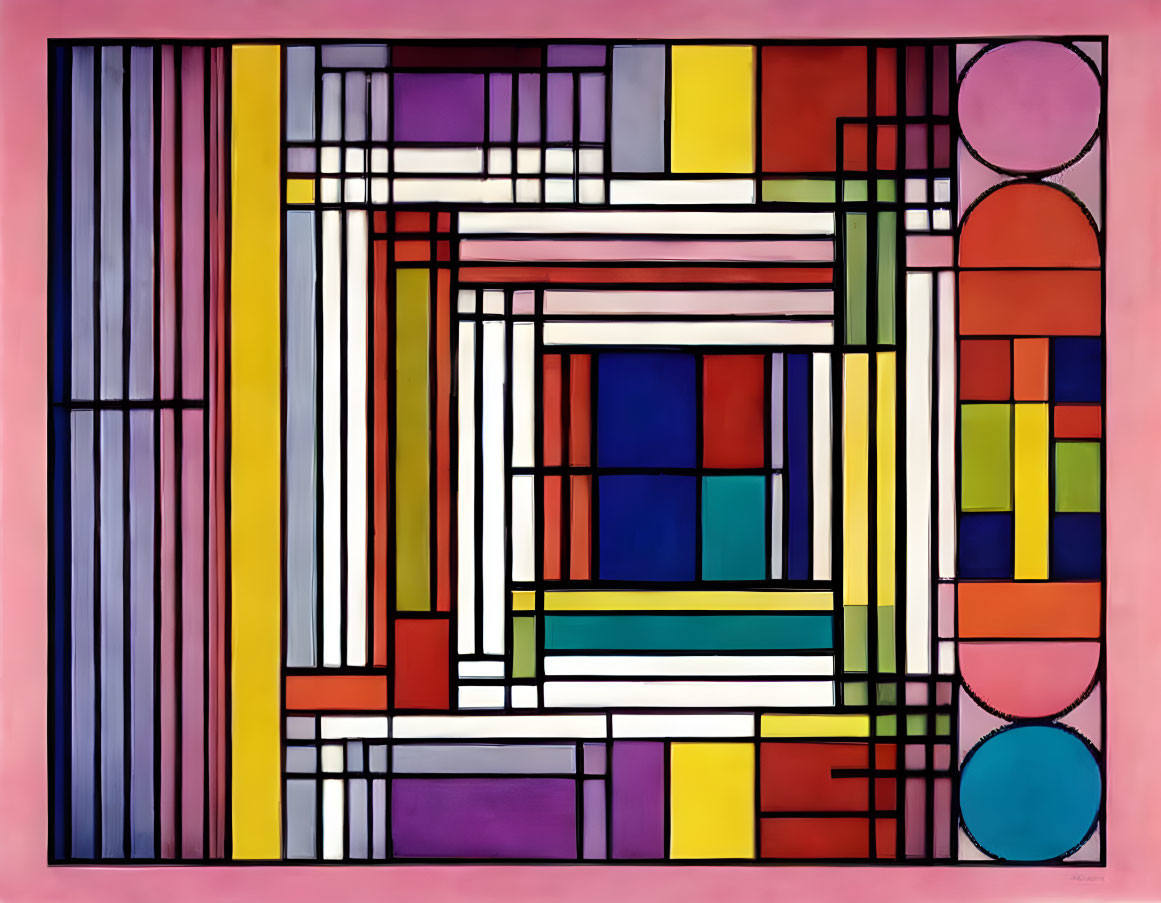 Colorful Geometric Painting: Squares, Rectangles, Lines, Circles on Pink