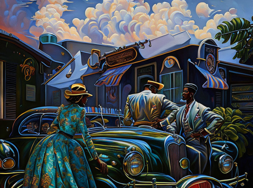 Colorful vintage painting of two people by classic car and dramatic sky