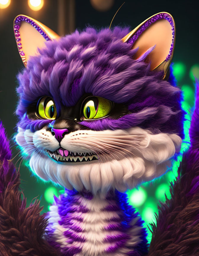 Whimsical purple-striped cat with green eyes and mischievous grin