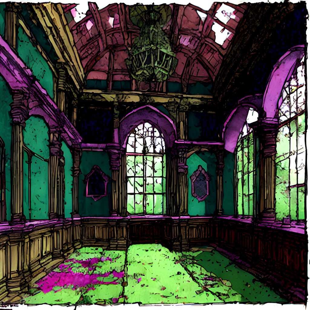 Abandoned Gothic interior with stained glass windows and ornate ceiling