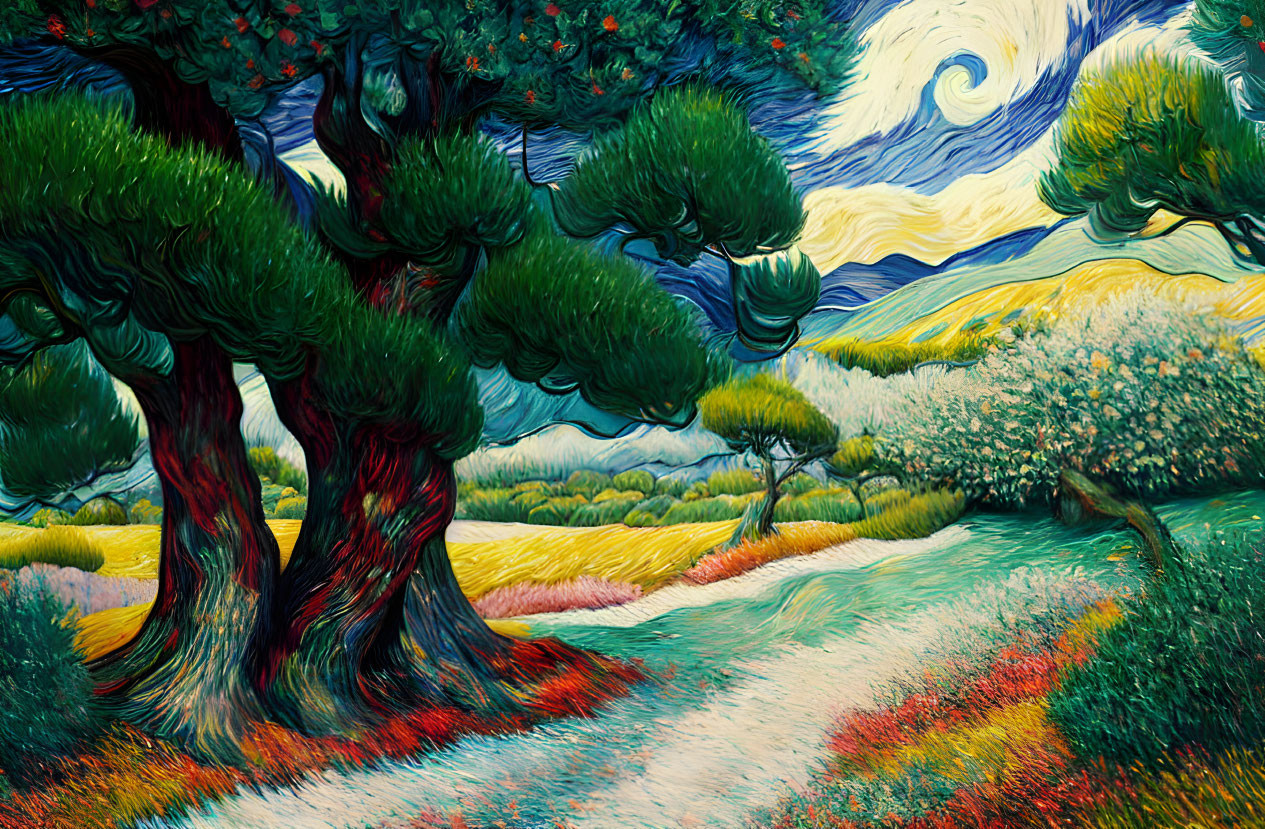 Colorful swirling sky and twisted trees in Van Gogh-style painting