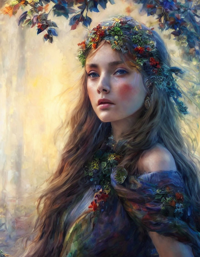 Woman portrait with floral crown and dress in dreamy foliage background