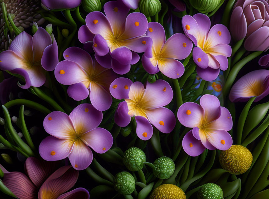 Detailed Close-Up of Purple and Yellow Flowers with Intricate Petal Textures